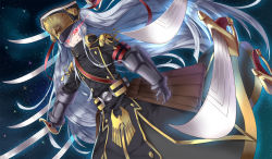 Rule 34 | 1girl, altair (re:creators), amagasa yun, black coat, coat, floating hair, gauntlets, glowing, glowing eye, grin, hat, holding, holding sword, holding weapon, long hair, military, military hat, military uniform, outdoors, re:creators, red eyes, saber (weapon), silver hair, sky, smile, solo, star (sky), starry sky, sword, uniform, very long hair, weapon
