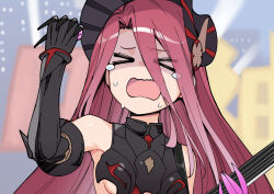 Rule 34 | &gt; &lt;, 1girl, armor, armored dress, bare shoulders, black armor, black dress, black headwear, bonnet, breasts, closed eyes, dress, electric guitar, fate/grand order, fate (series), gauntlets, guitar, hair between eyes, instrument, long hair, ono misao, open mouth, red hair, small breasts, solo, tearing up, typhon ephemeros (fate), very long hair
