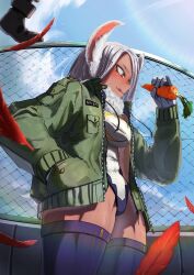 Rule 34 | 1girl, :q, absurdres, animal ears, boku no hero academia, bomber jacket, breasts, carrot, chain-link fence, cloud, covered abs, covered navel, crescent print, dark-skinned female, dark skin, feathers, fence, fur collar, gloves, green jacket, hand in pocket, highleg, highleg leotard, highres, holding, holding carrot, jacket, large breasts, leotard, long eyelashes, long hair, looking at food, mirko, muscular, muscular female, nb2kyfv8vhie06g, out of frame, parted bangs, purple thighhighs, rabbit ears, rabbit girl, red eyes, red feathers, sky, solo, taut leotard, thick thighs, thighhighs, thighs, tongue, tongue out, white gloves, white hair, white leotard