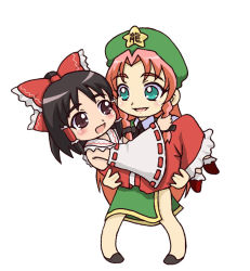 Rule 34 | 2girls, aqua eyes, bare legs, black hair, blush, bow, braid, brown eyes, carrying, chibi, collared shirt, detached sleeves, frilled bow, frills, grabbing another&#039;s hair, hair bow, hair tubes, hakurei reimu, hat, hong meiling, long hair, looking at another, multiple girls, nukaridou, open mouth, pigeon-toed, princess carry, red hair, shirt, shoes, short hair, side slit, simple background, skirt, smile, star (symbol), touhou, twin braids, white background, wide sleeves