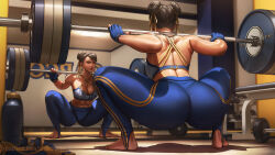 Rule 34 | 1girl, abs, ass, azuma yasuo, barbell, barefoot, black hair, breasts, capcom, chun-li, double bun, dumbbell, exercising, fingerless gloves, gloves, gym, hair bun, hair ribbon, highres, looking at mirror, mirror, muscular, muscular female, pants, reflection, ribbon, solo, squatting, stirrup legwear, street fighter, strong, thermos, toeless legwear, unworn footwear, weightlifting, weights, workout clothes, yellow ribbon, yoga pants