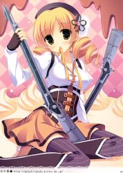 Rule 34 | 10s, 1girl, absurdres, beret, black thighhighs, blonde hair, breasts, cleavage, drill hair, fingerless gloves, gloves, gun, hat, highres, light particles, long sleeves, magical girl, magical musket, mahou shoujo madoka magica, mahou shoujo madoka magica (anime), mouth hold, musket, sitting, skirt, thighhighs, tomoe mami, twin drills, twintails, weapon, yellow eyes, yokozuwari, yukie (peach candy)