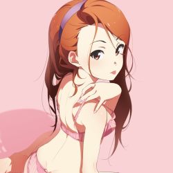 Rule 34 | 1girl, :p, back, bare shoulders, blush, bra, brown eyes, brown hair, closed mouth, commentary request, fingernails, from behind, fukushi ryouhei, hairband, highres, idolmaster, idolmaster (classic), long hair, looking at viewer, looking back, minase iori, nail polish, panties, pink background, pink bra, pink nails, pink panties, simple background, sitting, solo, tongue, tongue out, underwear, underwear only
