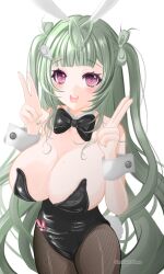 Rule 34 | 1girl, :d, animal ears, antenna hair, black bow, black bowtie, black leotard, blush, bowtie, breasts, brown pantyhose, cleavage, detached collar, double v, fake animal ears, fake tail, goddess of victory: nikke, green hair, green nails, heart antenna hair, highleg, highleg leotard, large breasts, leotard, long hair, looking at viewer, ma3876me, mole, mole on breast, nail polish, open mouth, pantyhose, pink eyes, playboy bunny, rabbit ears, rabbit tail, smile, soda (nikke), soda (twinkling bunny) (nikke), solo, strapless, strapless leotard, tail, twintails, v, wrist cuffs