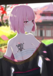 Rule 34 | 1girl, absurdres, back tattoo, black kimono, blurry, blurry background, blush, breasts, cherry blossoms, day, freesia (yueyueycw1), from behind, highres, hololive, hololive english, japanese clothes, kimono, looking at viewer, looking back, medium breasts, mori calliope, mori calliope (new year), motion blur, open mouth, outdoors, pink hair, red eyes, sarashi, short hair, shoulder blades, sideboob, solo, straight hair, tattoo, upper body, virtual youtuber