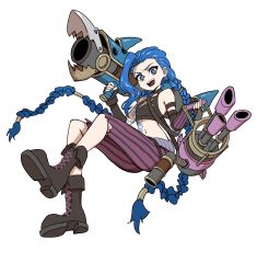 Rule 34 | 1girl, :d, absurdres, arcane: league of legends, arcane jinx, arm tattoo, bad id, bad pixiv id, bare shoulders, boots, braid, brown footwear, cloud tattoo, crop top, fingerless gloves, full body, gatling gun, gloves, hand up, highres, jinx (league of legends), knee boots, league of legends, long hair, minigun, navel, open mouth, pants, pink pants, rocket launcher, smile, solo, stomach, stomach tattoo, striped clothes, striped pants, tattoo, teeth, twin braids, twintails, weapon, zepaloc