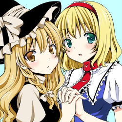 Rule 34 | 2girls, alice margatroid, bad id, bad pixiv id, blonde hair, capelet, female focus, hairband, holding hands, interlocked fingers, kirisame marisa, long hair, multiple girls, own hands together, short hair, tottoto tomekichi, touhou