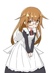 Rule 34 | &gt;:o, 10s, 1girl, :o, alternate costume, apron, blush, brown eyes, brown hair, commentary request, enmaided, glasses, highres, ichi (ichi.colors), kantai collection, long hair, long sleeves, maid, maid apron, mochizuki (kancolle), necktie, semi-rimless eyewear, simple background, solo, under-rim eyewear, v-shaped eyebrows, v arms, white background