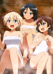 Rule 34 | 10s, 3girls, absurdres, barefoot, bottomless, brave witches, brown eyes, brown hair, convenient leg, dripping, feet, grey eyes, highres, kanno naoe, karibuchi hikari, multiple girls, naked towel, nikka edvardine katajainen, official art, open mouth, sauna, sitting, strike witches, surprised, toes, towel, white towel, world witches series