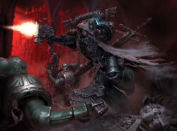 3boys adeptus_astartes armor armor_writing battle bolter broken_statue brown_bag censer chain chaos_space_marine cloak clothes_writing column cypher_(warhammer_40k) dagger dark_angel energy_gun fighting_stance firing green_armor grey_armor grey_hair gun holding holding_gun holding_weapon hood hood_over_eyes hooded_cloak joncave key knife latin_text leather_bag leather_belt male_focus multiple_boys pillar pouch power_armor purity_seal running scar shaded_face sheath shell_casing shoulder_spikes skeleton_print skull_ornament smoke spikes statue sword thigh_pouch torn_cloak torn_clothes warhammer_40k weapon weapon_on_back white_cloak winged_skull winged_sword