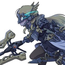 Rule 34 | 1girl, armor, assault lily, black skirt, blonde hair, blue eyes, breastplate, bright pupils, brown pantyhose, clenched teeth, cropped jacket, eye trail, faulds, feathers, feet out of frame, frilled skirt, frills, from side, gauntlets, greaves, hair tie, hand up, high-waist skirt, highres, holding, holding sword, holding weapon, leg up, light trail, long hair, long sleeves, looking away, miniskirt, pantyhose, parted lips, pauldrons, profile, school uniform, shoulder armor, simple background, skirt, solo, standing, standing on one leg, sword, tachihara sayu, teeth, teisuu, v-shaped eyebrows, visor (armor), waist cape, weapon, white background, white pupils, yellow feathers, yurigaoka girls academy school uniform