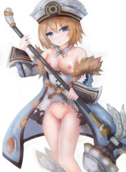 Rule 34 | 1girl, bare legs, bare shoulders, blanc (neptunia), blue eyes, blush, breasts, brown hair, cleavage, coat, dress, frown, fur trim, hair between eyes, hammer, hat, highres, holding, holding hammer, holding weapon, looking at viewer, neptune (series), nipples, pussy, short hair, simple background, small breasts, solo, spaghetti strap, suterisu, uncensored, weapon, white background, white dress
