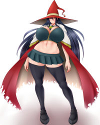 Rule 34 | 10s, 1girl, black hair, blush, breasts, cape, green eyes, hat, highres, huge breasts, kagari ayaka, long hair, midriff, saogokushi, school uniform, shoes, skirt, solo, standing, tall, thick thighs, thighhighs, thighs, very long hair, wide hips, witch, witch craft works, witch hat