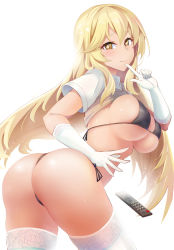 Rule 34 | + +, 1girl, ass, bikini, black bikini, blonde hair, blush, breasts, cleavage, closed mouth, clothes lift, controller, elbow gloves, gloves, highres, index finger raised, large breasts, long hair, long sleeves, looking at viewer, looking back, remote control, shirt lift, shokuhou misaki, short sleeves, simple background, smile, solo, spider web print, sweater vest, swimsuit, symbol-shaped pupils, thighhighs, thighs, toaru kagaku no railgun, toaru majutsu no index, white background, white gloves, white thighhighs, xiaodi, yellow eyes