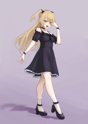 Rule 34 | 1girl, :d, alternate costume, black choker, black dress, black footwear, casual, choker, collarbone, commentary request, contemporary, detached sleeves, dress, eyepatch, fischl (genshin impact), genshin impact, green eyes, high heels, highres, light brown hair, long bangs, long hair, looking at viewer, open mouth, short sleeves, sidelocks, simple background, smile, solo, spaghetti strap, suke, two side up, wristband