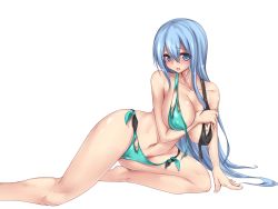Rule 34 | 1girl, :o, bikini, blue eyes, blue hair, blush, borrowed character, breasts, cleavage, collarbone, covered erect nipples, curvy, female focus, kneeling, large breasts, long hair, looking at viewer, matching hair/eyes, mitsuru (madeinore), navel, open mouth, side-tie bikini bottom, simple background, solo, swimsuit, torn bikini, torn clothes, transparent background, white background, wide hips