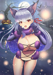 Rule 34 | 1girl, animal ears, bare shoulders, bat (animal), blush, bow, breasts, claw pose, cleavage, cosplay, earrings, elbow gloves, fate/grand order, fate (series), full body, fur-trimmed gloves, fur collar, fur trim, gloves, hair ribbon, halloween, highres, jack-o&#039;-lantern, jewelry, kama (fate), large breasts, long hair, looking at viewer, mash kyrielight, mash kyrielight (dangerous beast), mash kyrielight (dangerous beast) (cosplay), misumaru karasu, navel, night, night sky, o-ring, official alternate costume, open mouth, pumpkin, purple gloves, red eyes, revealing clothes, ribbon, silver hair, sky, tail, thighs, wolf ears, wolf tail