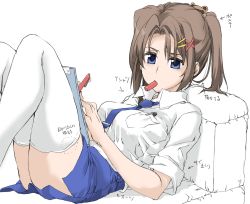 Rule 34 | 1girl, blue eyes, blue necktie, blue skirt, breasts, brown hair, couch, dress shirt, elf (stroll in the woods), hair ornament, highres, lying, lyrical nanoha, mahou shoujo lyrical nanoha strikers, medium breasts, mouth hold, necktie, on back, on couch, pen, pen in pocket, pencil skirt, ponytail, shirt, skirt, solo, thighhighs, thighs, translation request, white thighhighs, x hair ornament, yagami hayate