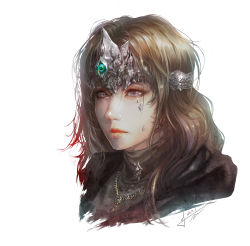 Rule 34 | 1girl, absurdres, artist name, blonde hair, broken, brown cloak, circlet, cloak, closed mouth, commentary request, cropped shoulders, dark souls (series), dark souls iii, dated, fire keeper, grey eyes, highres, jay b lee, jewelry, lips, long hair, looking at viewer, necklace, portrait, simple background, solo, white background