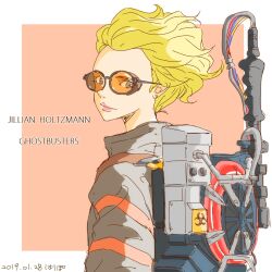 Rule 34 | 1girl, antimatter weapon, blonde hair, brown jumpsuit, character name, dated, directed-energy weapon, energy gun, energy weapon, from side, ghostbusters, ghostbusters uniform, goggles, harry (kamome1398), jillian holtzmann, jumpsuit, looking at viewer, particle-beam weapon, particle thrower, proton pack, signature, solo, upper body, weapon