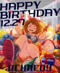 Rule 34 | 10s, 1girl, :d, anezu, bare shoulders, blush, boku no hero academia, boots, bow, brown hair, character name, closed eyes, dated, dress, fingerless gloves, gift, gift wrapping, gloves, happy birthday, head wreath, legs, open mouth, petals, pink gloves, short eyebrows, sidelocks, smile, solo, uraraka ochako