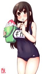 Rule 34 | 1girl, :&gt;, akagi (kancolle), alternate costume, artist logo, black hair, black one-piece swimsuit, blue one-piece swimsuit, blush, breasts, brown eyes, brown hair, bucket, collarbone, commentary request, covered navel, cowboy shot, dated, eating, food, highres, holding, holding spoon, kanon (kurogane knights), kantai collection, large breasts, long hair, looking at viewer, name tag, old school swimsuit, one-piece swimsuit, repair bucket, revision, school swimsuit, shaved ice, simple background, smile, solo, spoon, straight hair, swimsuit, white background