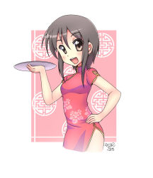 Rule 34 | 1girl, blush, brown eyes, brown hair, carrying, china dress, chinese clothes, dress, earrings, female focus, floral print, hand on own hip, jewelry, open mouth, original, qipao dress, short hair, short sleeves, side slit, simple background, smile, solo, tray, zeshgolden