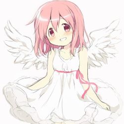 Rule 34 | 1girl, angel wings, arms at sides, bare arms, breasts, clothes lift, collarbone, dot nose, dress, feathered wings, hair between eyes, hair down, happy, head tilt, highres, hitode, kaname madoka, layered dress, light blush, light smile, looking at viewer, mahou shoujo madoka magica, mahou shoujo madoka magica (anime), medium hair, pink eyes, pink hair, pink ribbon, ribbon, short dress, simple background, skirt, skirt lift, sleeveless, sleeveless dress, small breasts, solo, tareme, upper body, white background, white dress, white wings, wings