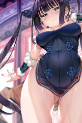 Rule 34 | 1girl, arms at sides, bare shoulders, black dress, blue eyes, blunt bangs, blurry, blurry background, blush, breasts, breasts apart, china dress, chinese clothes, cleavage, closed mouth, collarbone, commentary, covered navel, cowboy shot, depth of field, detached sleeves, double bun, dress, fate/grand order, fate (series), fingernails, gluteal fold, hair bun, hair ornament, hand up, highres, leaf hair ornament, long hair, looking at viewer, medium breasts, nail polish, pink nails, purple hair, pussy juice, short dress, sidelocks, smile, solo, standing, tem10, thighs, twintails, very long hair, yang guifei (fate), yang guifei (second ascension) (fate)