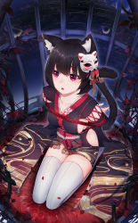 Rule 34 | 7t, absurdres, animal ear fluff, animal ears, arms behind back, azur lane, bdsm, black hair, bondage, bound, bound arms, breasts, cage, cat ears, cat girl, cat tail, chinese commentary, collarbone, commentary request, cushion, dutch angle, from above, full body, highres, in cage, japanese clothes, kimono, kneeling, large breasts, looking at viewer, looking up, mask, mask on head, obi, obijime, open mouth, petals, plant, red eyes, red rope, rope, sash, seiza, shibari, short hair, short kimono, sideboob, sitting, sleeveless, sleeveless kimono, solo, tail, thick eyebrows, thighhighs, thorns, vines, white thighhighs, yamashiro (azur lane)