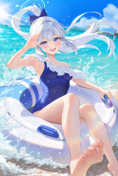 Rule 34 | 1girl, absurdres, armpits, artist name, bare arms, bare shoulders, beach, blue archive, blue bow, blue one-piece swimsuit, blue sky, blurry, blurry background, blush, bow, breasts, casual one-piece swimsuit, cloud, collarbone, day, feet, fine fabric emphasis, frilled one-piece swimsuit, frills, grey hair, hair bow, hair intakes, halo, heartki, high ponytail, highres, innertube, legs, looking at viewer, medium breasts, miyako (blue archive), miyako (swimsuit) (blue archive), ocean, official alternate costume, on innertube, one-piece swimsuit, open mouth, outdoors, ponytail, purple eyes, sand, signature, sky, smile, soles, solo, sunlight, swim ring, swimsuit, teeth, thighs, toe scrunch, toes, upper teeth only, water, waves, wet