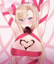 Rule 34 | 1girl, animal ears, armpits, asuna (blue archive), blue archive, blue eyes, blush, breasts, candy, chocolate, chocolate heart, chocolate on body, chocolate on breasts, cleavage, fake animal ears, food, food on body, hair over one eye, heart, highres, kaska, large breasts, leotard, looking at viewer, naked chocolate, naked ribbon, nude, playboy bunny, rabbit ears, red ribbon, ribbon, solo, wrapped up