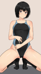 Rule 34 | 1girl, absurdres, amagami, black eyes, black hair, black socks, black one-piece swimsuit, bob cut, breasts, competition swimsuit, grey background, highres, kneehighs, look-alike, looking at viewer, nanasaki ai, one-piece swimsuit, short hair, simple background, small breasts, socks, solo, spread legs, squatting, swimsuit, two-tone swimsuit, yoo tenchi