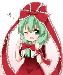 Rule 34 | 1girl, bow, collar, dress, frilled bow, frilled collar, frilled ribbon, frills, front ponytail, gradient background, green eyes, green hair, hair between eyes, hair bow, hair ribbon, heart, highres, kagiyama hina, looking at viewer, matching hair/eyes, one eye closed, open mouth, pink background, pointing, pointing at self, puffy short sleeves, puffy sleeves, red bow, red dress, ribbon, short sleeves, single wrist cuff, solo, suwa yasai, touhou, upper body, white background, wrist cuffs