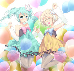 Rule 34 | 2girls, aqua eyes, aqua hair, bad id, bad pixiv id, balloon, blonde hair, bow, colorful x melody (vocaloid), detached sleeves, dress, hatsune miku, kagamine rin, multiple girls, plastick, project diva, project diva (series), project diva 2nd, short hair, smile, strapless, strapless dress, thighhighs, twintails, vocaloid