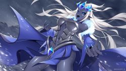 Rule 34 | 1girl, :o, armor, black sclera, black skin, blue cape, blue eyes, blue nails, blue sclera, blue skirt, blue sleeves, blue tongue, breasts, cape, colored sclera, colored skin, colored tongue, cowboy shot, detached sleeves, erda (maplestory 2), female focus, fingernails, grey background, grey skin, grey theme, highres, long fingernails, long hair, looking away, maplestory, maplestory 2, multicolored eyes, nail polish, navel, open mouth, outdoors, pointy ears, queasy s, skirt, sky, snow, solo, standing, twitter username, white hair