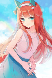 Rule 34 | 1girl, animal ears, bare arms, bare shoulders, barufoa, blush, ear covers, flat chest, green eyes, green skirt, hairband, horse ears, horse girl, horse tail, jewelry, lens flare, looking at viewer, necklace, open mouth, orange eyes, own hands together, shirt, shirt tucked in, silence suzuka (umamusume), skirt, sleeveless, sleeveless shirt, smile, solo, tail, twitter username, umamusume