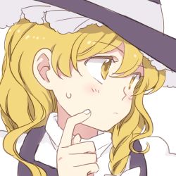 Rule 34 | 1girl, blonde hair, blush, bow, braid, hair bow, hand on own face, hat, hat bow, kirisame marisa, looking to the side, natsume (menthol), side braid, single braid, solo, sweatdrop, touhou, white bow, witch hat, yellow eyes