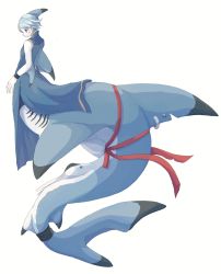 Rule 34 | 1girl, 4138, blue hair, china dress, chinese clothes, dress, female focus, fins, full body, gills, head fins, highres, monster girl, original, piercing, red ribbon, ribbon, shark girl, short hair, simple background, solo, white background, wristband