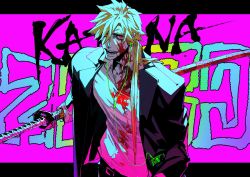 Rule 34 | 1boy, black jacket, blonde hair, blood, blood on clothes, blood on face, cassette player, collared shirt, copyright name, dress shirt, earbuds, earphones, fifteen (katana zero), formal, hair between eyes, highres, holding, holding sheath, jacket, katana, katana zero, letterboxed, long hair, long sleeves, looking at viewer, male focus, manly, ogata tomio, open mouth, pink background, ponytail, red eyes, scabbard, sheath, shirt, smile, solo, suit, sword, upper body, weapon, white shirt