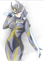 Rule 34 | 1girl, bodysuit, breasts, camearra, color timer, darkness heels lili, energy, energy whip, facial tattoo, formal, grey hair, grey suit, holding, holding weapon, horns, large breasts, looking at viewer, personification, short hair, suit, tattoo, thighhighs, tokusatsu, tsunashima shirou, ultra series, ultraman tiga: the final odyssey, ultraman tiga (series), weapon, whip, yellow eyes