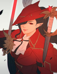 Rule 34 | 1girl, black hair, breasts, cloak, earrings, elezen, elf, final fantasy, final fantasy xiv, from above, hair over one eye, hat, highres, hilda ware, holding, holding sword, holding weapon, hybrid, hyur, jewelry, koyorin, long hair, looking at viewer, medium breasts, pointy ears, ponytail, red eyes, red mage (final fantasy), smile, solo, sword, weapon, white background
