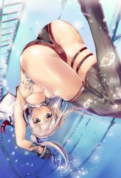 Rule 34 | 10s, 1girl, absurdres, armadillo-tokage, ass, bad id, bad twitter id, black gloves, blue eyes, blush, breasts, covered erect nipples, gloves, graf zeppelin (kancolle), grey thighhighs, highres, kantai collection, looking at viewer, parted lips, silver hair, solo, teeth, thighhighs, twintails, underboob, underwater