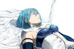 Rule 34 | 10s, 1girl, bad id, bad pixiv id, bare shoulders, blue hair, cape, closed eyes, colored eyelashes, detached collar, detached sleeves, gori, lying, magical girl, mahou shoujo madoka magica, mahou shoujo madoka magica (anime), miki sayaka, nose, on back, short hair, simple background, solo, sword, tears, upper body, weapon, white background