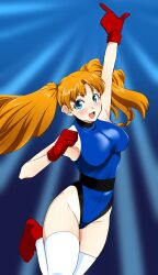 Rule 34 | 1girl, absurdres, arm up, armpits, athletic leotard, blue eyes, blue leotard, blush, boots, breasts, brown hair, gloves, groin, highleg, highleg leotard, highres, large breasts, leotard, long hair, medium breasts, nanao futaba, numan athletics, open mouth, red footwear, red gloves, sharon les halles, smile, solo, thighhighs, thighs, twintails, white thighhighs
