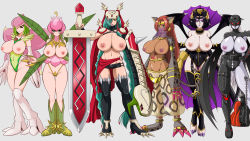 Rule 34 | 6+girls, bastemon, breasts, breasts out, cat girl, colored skin, dark-skinned female, dark skin, demon girl, digimon, digimon (creature), fallen angel, gattai lilithmon, gluteal fold, grey skin, harem outfit, harem pants, highres, huge breasts, ladydevimon, large breasts, lento (glamour works), lilamon, lilimon, lilithmon, mask, mervamon, monster girl, multiple girls, nipples, no undershirt, pale skin, pants, plant girl, pussy, revealing clothes, see-through, see-through legwear, snake, sword, topless, weapon