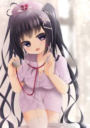 Rule 34 | 1girl, absurdres, ahoge, black eyes, black hair, blouse, blurry, blurry background, breasts, buttons, cleavage, garter straps, hair ornament, hairclip, hat, heart, heart print, highres, holding, holding stethoscope, large breasts, long hair, looking at viewer, nooks1336, nurse, nurse cap, original, pink hat, pink shirt, shirt, solo, stethoscope, thighhighs, twintails, white thighhighs