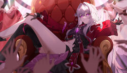 Rule 34 | 2others, 3girls, absurdres, alcohol, apron, cup, dress, gloves, grey hair, hair ornament, highres, holding, holding cup, honkai (series), honkai impact 3rd, lexingrakukouu, long hair, looking at viewer, lying, maid apron, multiple girls, multiple others, navel, purple eyes, red dress, ribbon, smile, thelema (honkai impact), thighs, wine