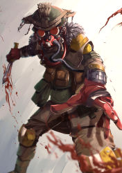 Rule 34 | 1other, absurdres, ambiguous gender, apex legends, blood, bloodhound (apex legends), brown jacket, brown pants, cable, fur trim, gloves, glowing, glowing eyes, goggles, helmet, highres, holding, holding knife, jacket, knee pads, knife, looking at viewer, open hand, pants, rebreather, red gloves, solo, torimodoki