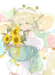 Rule 34 | 1girl, animal ears, balloon, bare shoulders, blonde hair, bouquet, brown choker, choker, cowboy shot, dog ears, dog tail, down jacket, flower, fur-trimmed jacket, fur trim, green eyes, green jacket, hair between eyes, heart balloon, highres, holding, holding bouquet, jacket, looking at viewer, mayumi (virtuareal), miebao, nijisanji, parted lips, rose, short hair, skirt, solo, star balloon, sunflower, tail, virtual youtuber, virtuareal, white background, white flower, white rose, white skirt, yellow flower